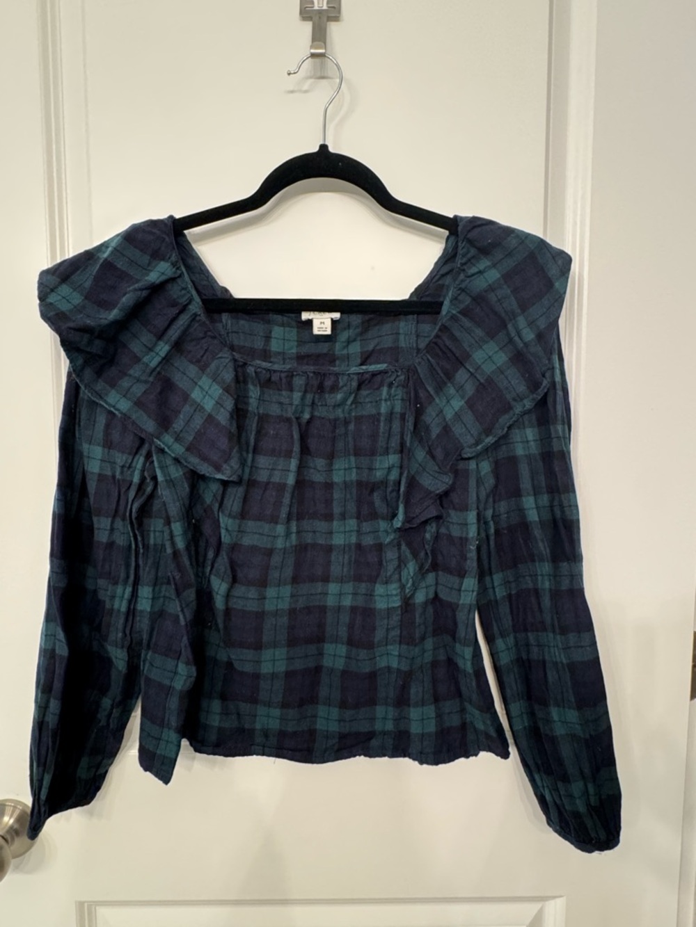 J. Crew Plaid Ruffle Yoke Blouse - Navy & Green